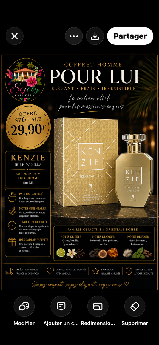 ✨ KENZIE IRISH VANILLA – Eau de Parfum Homme 100 ml ✨